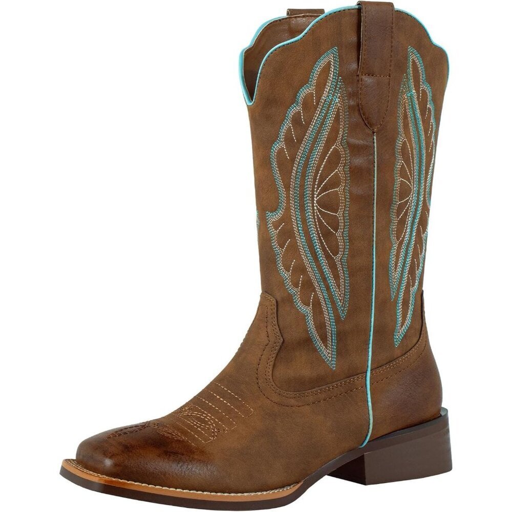 SheSole Western Boots Women's Brown Tan Faux Leather Square Toe Wide Mid Calf